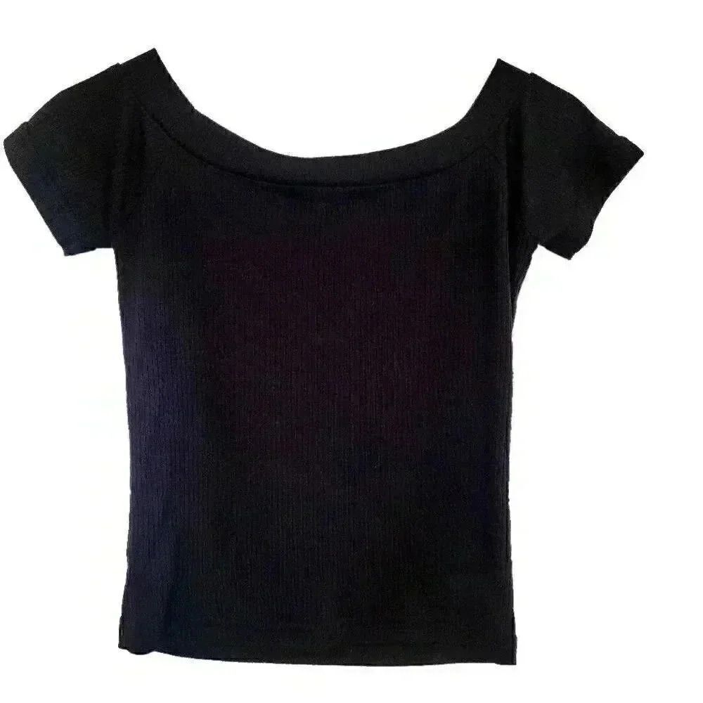 Missguided Women's Black Poly/Viscose Ribbed Knit Scoop Neck Short Sleeve T-Shir